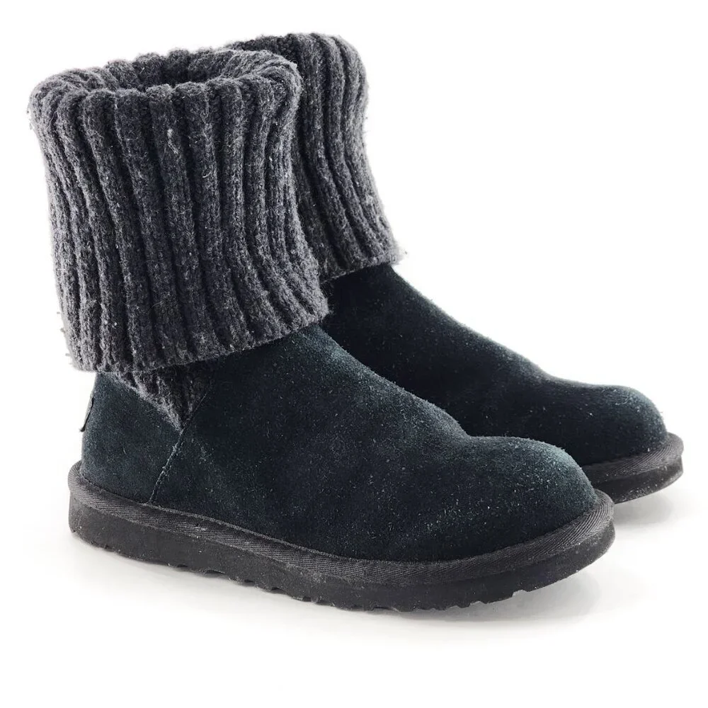 UGG Knit Cuff Suede Pull On Boot Black‎ Ankle Tall Knee-High